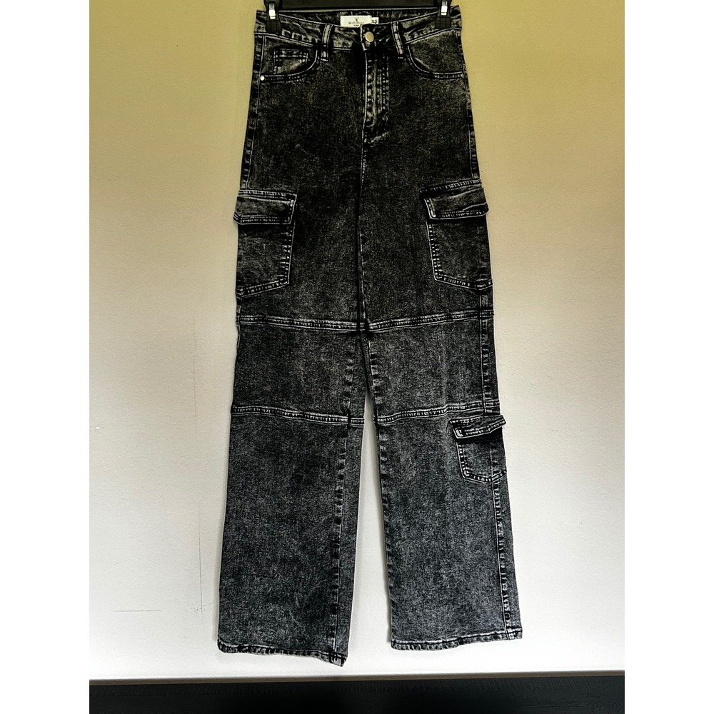 Windsor Denim Cool Captured High Rise Cargo Jeans Black Acid Wash XS Streetwear